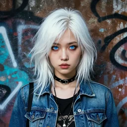highly detailed portrait of a sewer punk lady student, blue eyes, denim jacket, white hair by atey ghailan, by greg rutkowski, by greg tocchini, by james gilleard, by joe fenton, by kaethe butcher, gradient blue, black, brown and cyan color scheme, grunge aesthetic!!! ( ( graffiti tag wall background ) )