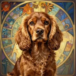 portrait of brown cockerspaniel with a background in the style of mucha