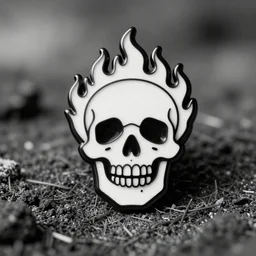 a black and white retro minimalistic laughing skull with fire flame enamel pin