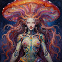 perfectly centered portrait, front view of a beautiful biomechanical fractal mushroom goddess, female, flowing hair, intense stare, sweet smile, symmetrical, concept art, intricate detail, volumetric shadows and lighting, psychedelic colors, vibrant, realistic oil painting by gustave dore and alex grey,