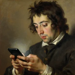 portrait of person scroll through social media, oil painting by joseph ducreux, 1 7 th century, art, oil on canvas, wet - on - wet technique, realistic, expressive emotions, intricate textures, illusionistic detail, warm colours