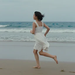 a girl in a white dress running along the beach, filmed by terrence malick
