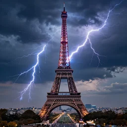 Eiffel tower in Paris as giant charged tesla coil with blue white red lightning bolts all over the sky filled with dark clouds, epic city landscape digital art