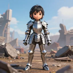 photorealistic 3 d cgi render, animated movie cinematic, an anime girl dressed in steel plate armor, on a wartorn battlefield, cute face, posed fullbody, vfx, extremely detailed, sharp focus