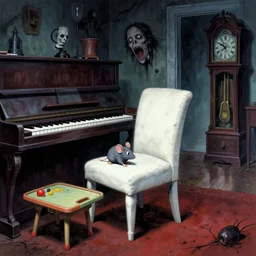cinematic colorful horror artwork by artgerm, beksinski, mark brooks, stephen king ; soft white chair with footrest that startled the mouse. bench that was tucked neatly under the piano, small play table, old grandfather clock near the doorway ; hainted creepy scary dramatic brutal