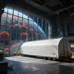epic professional digital art of interior scene of large white cargo bay in a darkened space colony, with huge glass windows overlooking a lush alien planet with red vegetation outside, 4 k, cinematic, detailed, best artstation, cgsociety, epic, stunning, gorgeous, masterpiece, wow wow detail