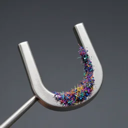 colorful iron filings over a u - shaped magnet.