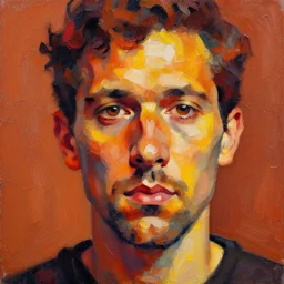 an expressionism face portrait of a man used with Impasto, dark oranges reds and yellows, note detailed