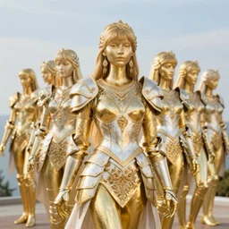 a photo of 8 k ultra realistic golden humanoid princess standing next to a beautiful view, ornate white armour with gold highlights, cinematic lighting, trending on artstation, 4 k, hyperrealistic, focused, extreme details, unreal engine 5, cinematic, masterpiece
