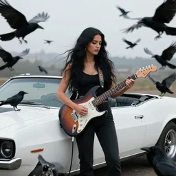 a beautiful woman with Long black hair playing electric guitar by her White Pontiac Firebird convertible is surrounded by a flock of friendly crows, atmospheric, photorealistic