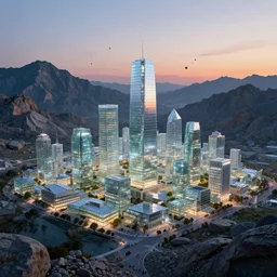 a small town completely made out of glass, surrounded by a surreal mountain landscape, shining faintly in the dim light of sunset, buildings made out of glass, light reflections, rock pebbles floating up the sky, highly detailed and beautiful illustration