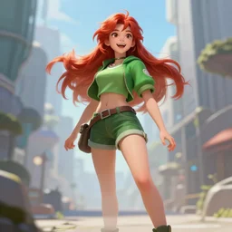 beautiful cute athletic red haired joyful and playful nineteen year old maiden standing up in a modern city, casual green clothing, long hair, attractive face and body, rpg character, sci - fi, fantasy, intricate, elegant, digital painting, artstation, concept art, smooth, 8 k frostbite 3 engine, ultra detailed, art by artgerm, magali villeneuve
