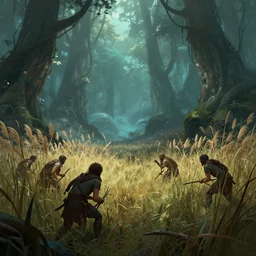 ancient reed - people hunting in futuristic spiritual mystical post apocalyptic forest drawn by ron gilbert, dim painterly volumetric aquatic lighting, beautiful, crisp, artstation, highly detailed