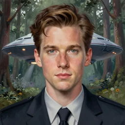 portrait of young david duchovny as fox mulder, fbi agent. woodland background with ufo. by anne stokes and larry elmore, smooth shaven face, lucian freud and drew struzan, detailed matte painting, realistic portrait, symmetrical, highly detailed, digital painting, artstation, concept art, smooth, sharp focus, illustration, cinematic lighting, 8 k resolution