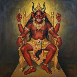 a beautiful painting of a demon sitting on top of a chair, a high detailed painting by ram chandra shukla, by ali akbar sadeghi, pixiv contest winner, bengal school of art, symmetrical, coherent, maximalist, trending on artstation