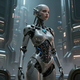 ultra realistic, beautiful female cyborg lost in a space metropolis, sci-fi, cyberpunk, concept art, intricate details, eerie, highly detailed, octane render, 8k, , art by artgerm and greg rutkowski and alphonse mucha