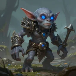 a highly detailed goblin with grey skin and blue eyes that glow, with a windy background, like magic the gathering, goblin chainwalker,, digital art, by christopher rush