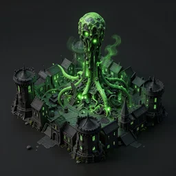 an isometric render of a innsmouth town, lovecraft, green and black, horror, evil fluid, 1 9 century, view from above, isometric, dark background, soft shadows, neon lights. rendered in blender with eevee. concept art, 4 k
