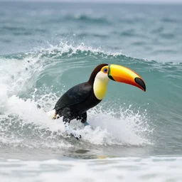 an anthropomorphism toucan surfing a mega wave, photo taken from the shore, highly detailed photography, 3 0 0 mm, natural light, bokeh effect
