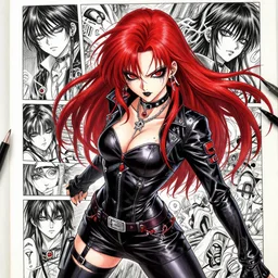 highly detailed coherent professional 9 0 s seinen anime art of badass goth woman with red hair, leather clothes, black makeup, and red eyes. chunibyo. horror postcyberpunk action manga cover promotional art. detailed and intricate environment. drawn by ilya kuvshinov and painted by zdzislaw beksinski, pencils by tsutomu nihei