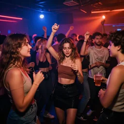 young people dancing and drinking in a nightclub, partylights, beautiful people, by monet, trending on artstation