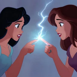 two women touch by their finger tips, exchanging lightning energy throuth their fingers, teal nails concept art, disney, cinematic, stanley kubrick, annie liebovitz