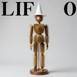 realistic photo of a human full - height model wooden doll made of wood and covered, covered with long brass spikes needles, birds head, wearing hat made of white cone, center straight composition, front view 2 0 0 0, life magazine photo,
