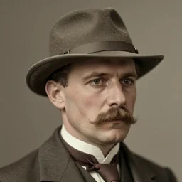 A photograph portrait of Jerma985 wearing a pork-pie-hat in the early 1920s, taken in the early 1920s, grainy, taken on a early 1900s Kodak Camera, realistic, hyperrealistic, very realistic, highly detailed, very detailed, extremely detailed, detailed, digital art, trending on artstation