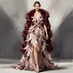 a light feminine dress made of feathers and burgundy fur, fashion sketch