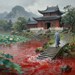 a gorgeous landscape painting by barlowe wayne maxfield parrish and marco mazzoni. rainy mood. chinese temple. just one lonely chinese monk in grey blue long gown walks on the winding steps. lotus lake. ultra clear detailed. 3 d, octane render. turbulent blood lake.