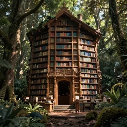 magical library with a forest outside