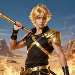 An epic fantasy comic book style portrait painting of a young man wearing a black shirt with a golden diagonal stripe and gold chainmail sleeves, black bracelets, wavy golden hair and blue eyes. He is holding a golden bo staff. He is in a fiery desert with a blue sky. fluffy blonde hair and blue eyes. He is holding a long golden bo staff. Unreal 5, DAZ, hyperrealistic, octane render, cosplay, RPG portrait, dynamic lighting