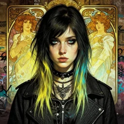 highly detailed portrait of a moody sewerpunk young adult lady with a harris tweed holdy by greg tocchini, by krenz cushart, by alphonse mucha, by kaethe butcher, gradient yellow, black, brown and cyan color scheme, grunge aesthetic!!! ( ( graffiti tag city background ) )