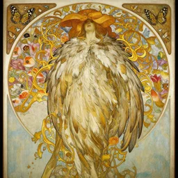 a beautifull intricate painting of a disembodied soul wearing a feathered cloak surrounded by golden tendrils, flowers, butterflies, flying silk, vivid colors, artstation, by jeremy mann, by alphonse mucha,
