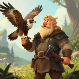 fantasy digital art of a dwarf in nature, a hawk is on his arm, blonde hair and mustache, holding an axe