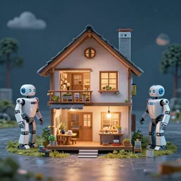 a robot house, 4 k, cinematic, photography