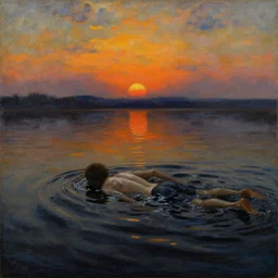 man swimming in petroleum, dark oil at sunset. painting by jan van eyck, monet