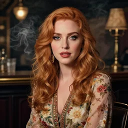 sophisticated portrait of Christina Hendricks, 1960s flower power hippy, very smoky Paris bar, elegance, highly detailed, shallow depth of field, concept art, Artstation, Artgerm, Donato Giancola and Joseph Christian Leyendecker