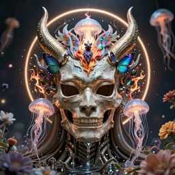 horizontally symmetrical. coherent. symmetry. absolutely centered. centered composition. symmetrical biomechanical, mask of a demon space by Roberto Ferri. beautiful princess. human skull jellyfish butterfly phoenix head. burning water. intricate artwork by Tooth Wu and wlop and beeple and dan mumford and greg rutkowski. halo. octane render, cinematic, hyper realism, octane render, 8k, depth of field, bokeh, hard surface modelling, flowers,. iridescent accents