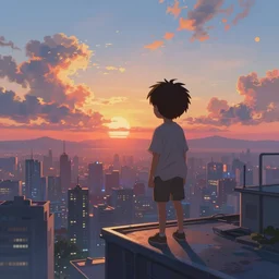 a painting of a boy on top of a building watching a colorful sunrise, futuristic city, clouds, digital art by yoshitaka amano and alena aenami, cg society, cityscape