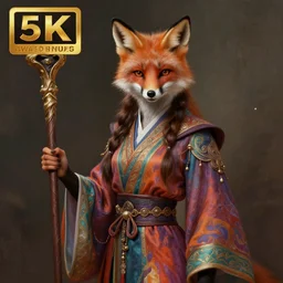 an anthropomorphic beautiful female wizard portrait made of fox holding a staff wearing colourful robe, fine art, award winning, intricate, elegant, sharp focus, octane render, hyperrealistic, cinematic lighting, highly detailed, digital painting, 8 k concept art, art by jamie hewlett and z. w. gu, masterpiece, trending on artstation, 8 k