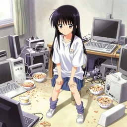 y2k, official anime art, cluttered room with cereal bowls and electronics strewn everywhere, wires, desaturated, epic compositioj