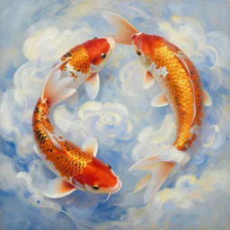 an imaginative expressive oil painting of koi fish swimming through the clouds