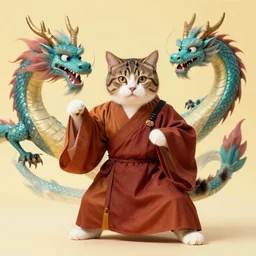 An anthropomorphic cat dressed like a monk ready to fight a dragon