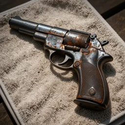 An old rusty pistol on a towel, deeply rusted, water damage, detailed picture,