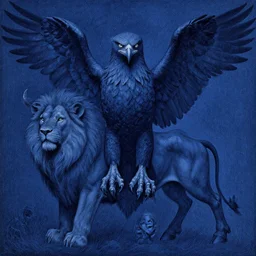 a creature with the body and eyes of a man, with the beak of an eagle, the mane of a lion, and the horns of an ox. drawn by zdzislaw beksinski and giger, dark blue