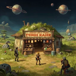 in front of a general store in a remote outpost, on an alien planet, from a space themed point and click [ [ 2 d graphic adventure game ] ], set design inspired slightly by hg giger and tomb raider, art inspired by thomas kinkade and greg rutkowski