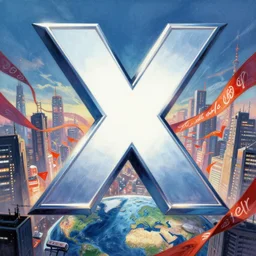 an epic comic book style painting of the uppercase letter x towering over the world, the letter x, giant font, massive lettering, future tokyo cityscape with ribbons, banners and cursive ribbons, trending on artstation, dynamic lighting