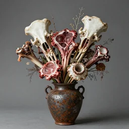 Human flesh, bones, rotten meat and rusted metal arranged inside a flower vase