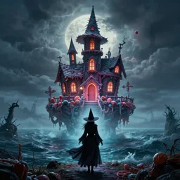 a scary witch in front of a witch house which is made out of candy, floating on the ocean, epic scene, fantasy, cinematic, hyper - detailed, in the style of greg rutkowski